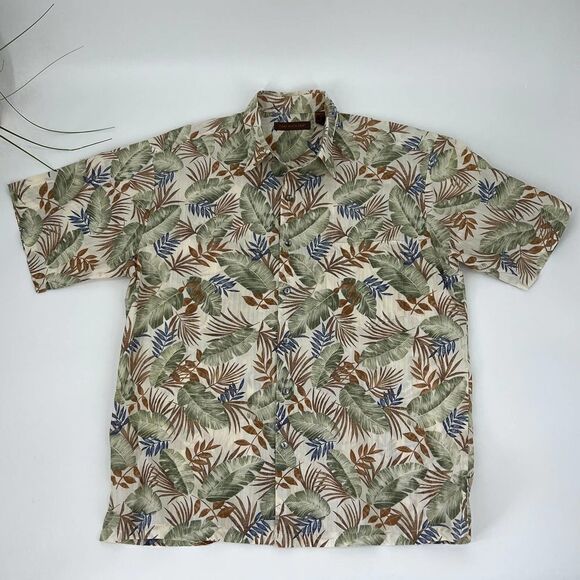 Vintage Tori Richard Aloha Shirt Cream/Green/Blue Tropical Mens Large